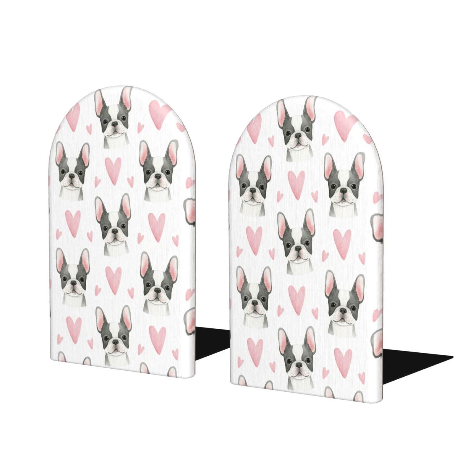 Wood Bookends for Shelves, Valentine French Bulldog Non-Slip Book Ends for Home Office Decor, Aesthetic Decorative Book Stands/Holder/Stopper, Book Dividers, Desk Organizers