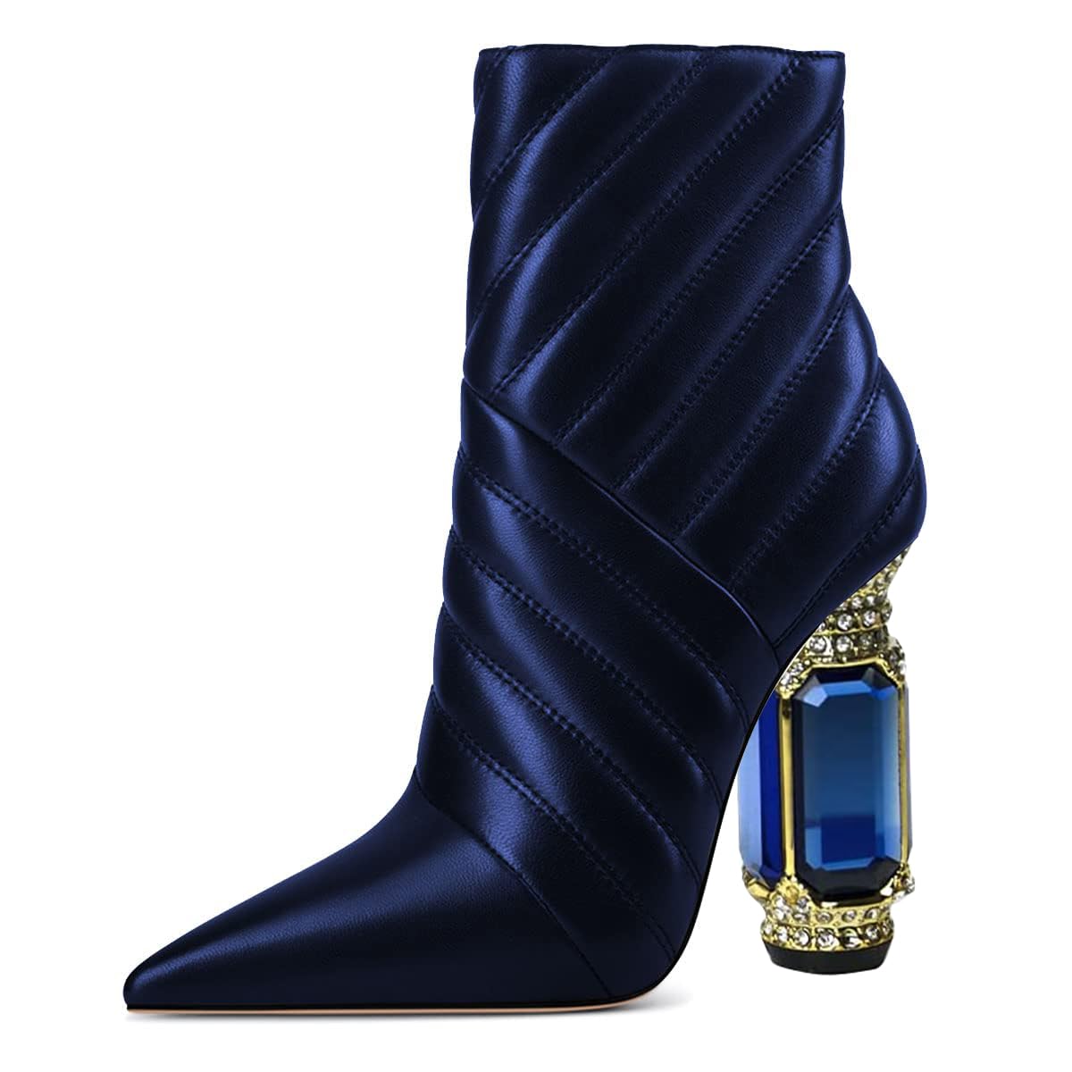 FSJ Women Sparkly Crystal Block High Heel Pointed Toe Ankle Boot Side Zipper Wedding Party Banquet Dress Shoes Size 4-15 US