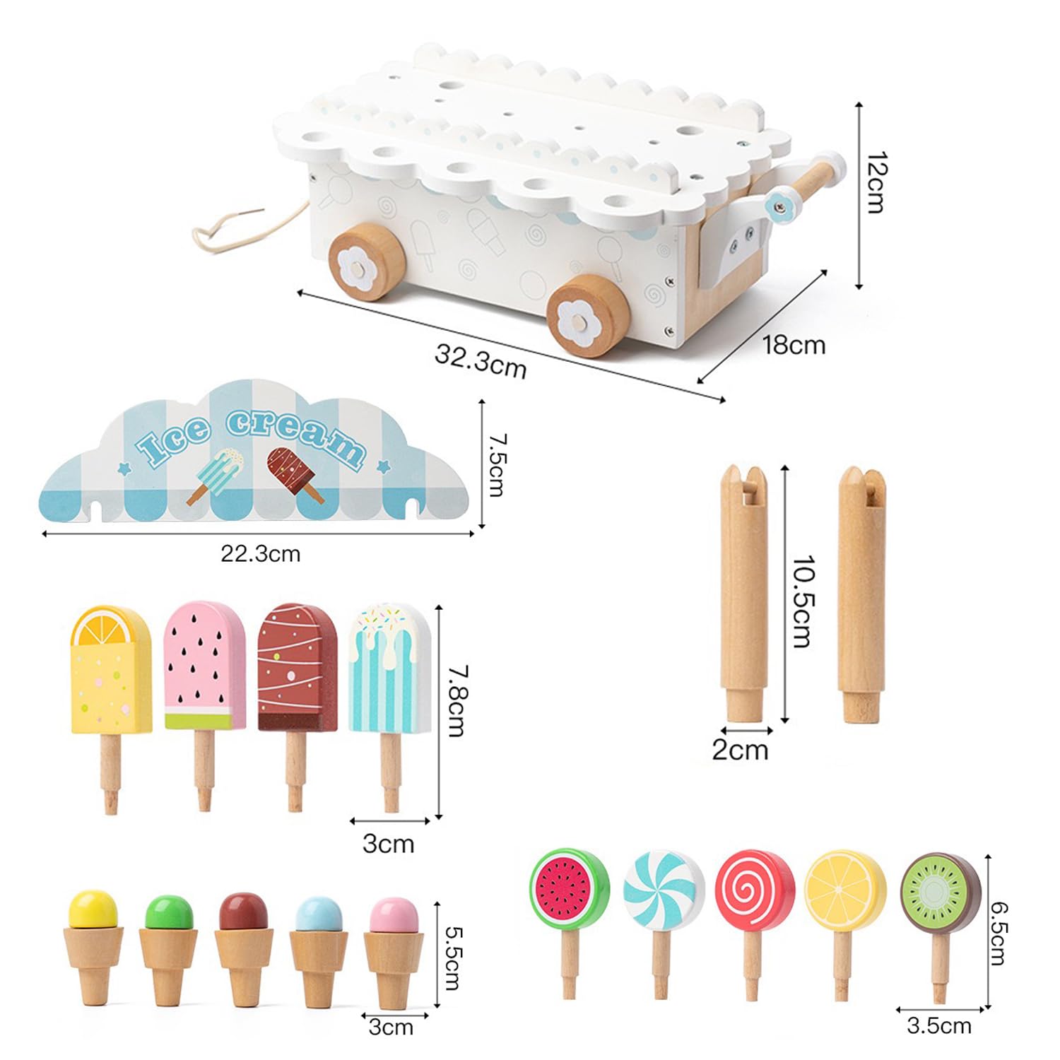 Coffret Glaces En Bois Pour Enfants – Jeu D’imitation Montessori – 5 Glaces + Cartes – À Partir De 3 Ans