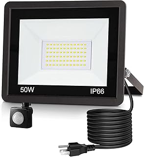 TechSense 50W LED Security Lights Outdoor PIR Motion Sensor with Plug, 5000-5500 Lumens Super Bright, Ultra Thin, IP66 Water-Resistant Flood Light for Garden, Patio, Backyard, Rooftop and More