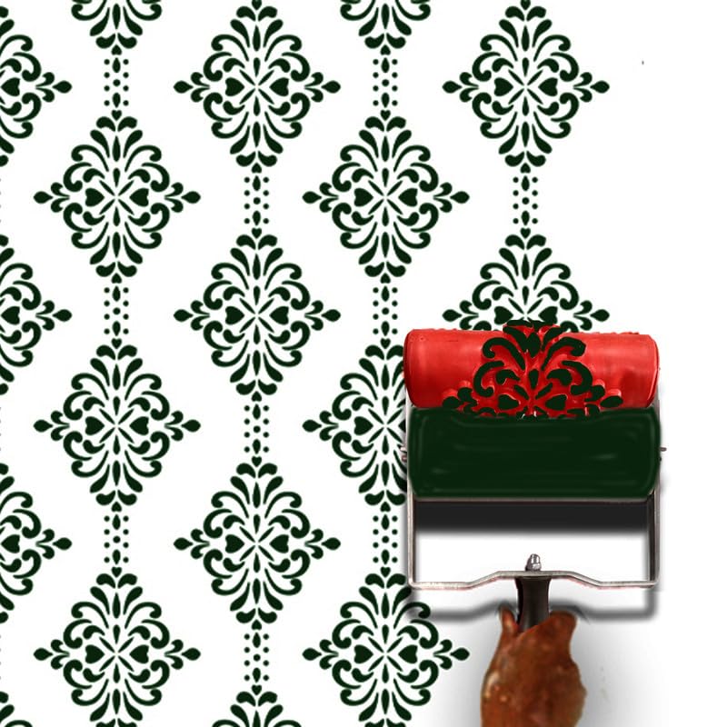 Image of Design Paint Roller with Floral Pattern - Reusable Decorative Wall Texture Roller for DIY Home Decor, Accent Walls, Furniture, and Crafts - Durable Embossed Stencil Painting Tool