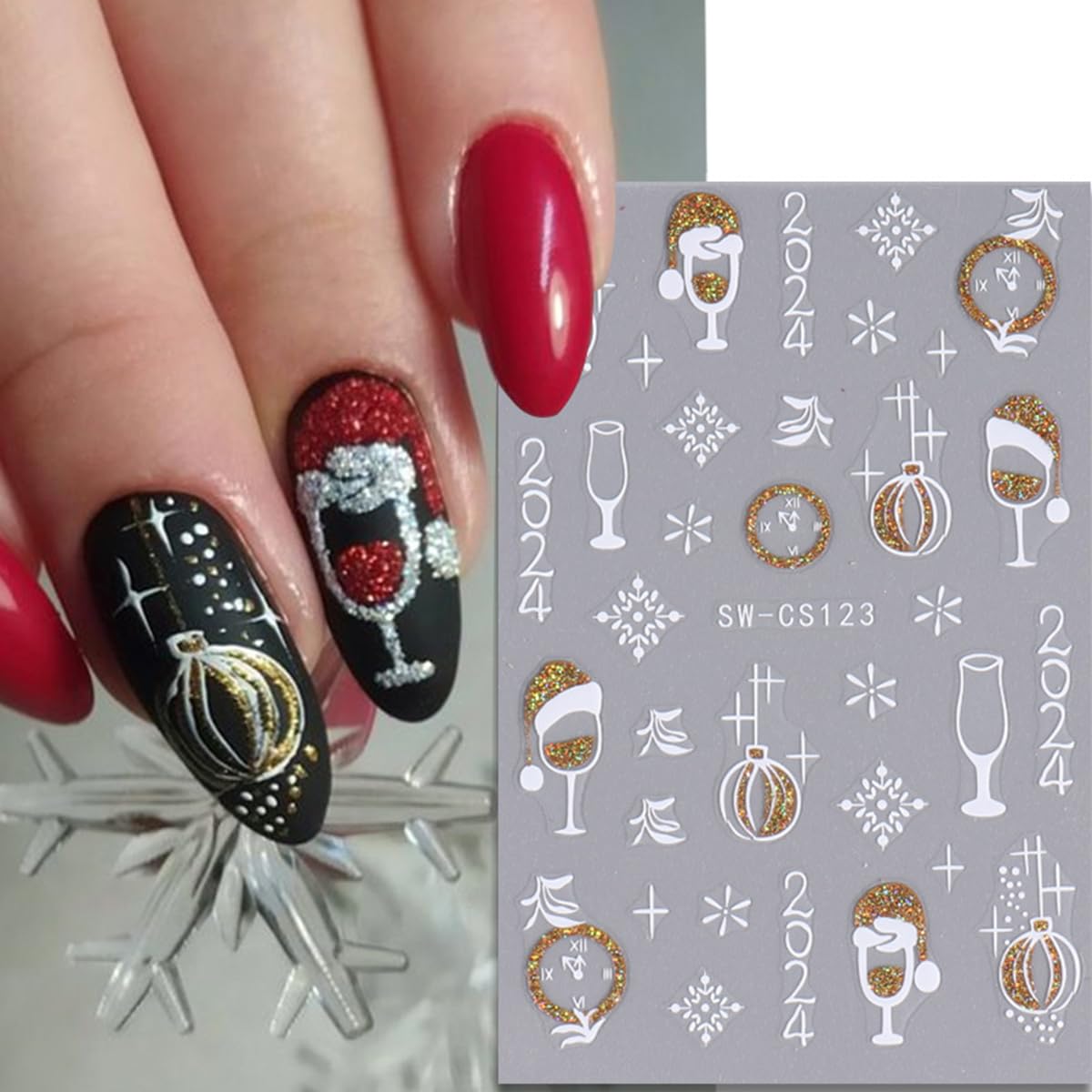 Christmas Nail Art Stickers Winter Snowflake Nail Decals 3D Sliver Glitter Xmas Tree Feather Wine Christmas Stickers Nail Art Supplies French New Year Nail Design Manicure Decal for Women Girls