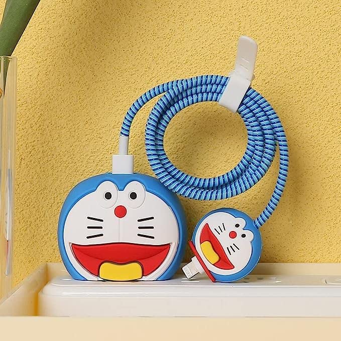 Image of Cartoon 3D Design Protective Case for 18W 20W iPhone 14 13 12 11 Pro Max Fast Charging Cable Adapter Charger, Cute Cartoon Lightning Data Cable Case for iPhone Charger DOREMON
