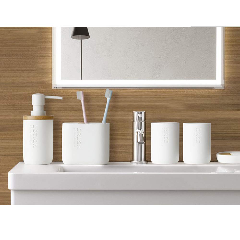 Nórdico Estilo Juego de Accesorios de Baño de Resina Conjunto de Baño con Porta Cepillo de Dientes, 2 Tazas, Dispensador de Jabón Líquido, Jabonera, Blanca,with Handle Tray