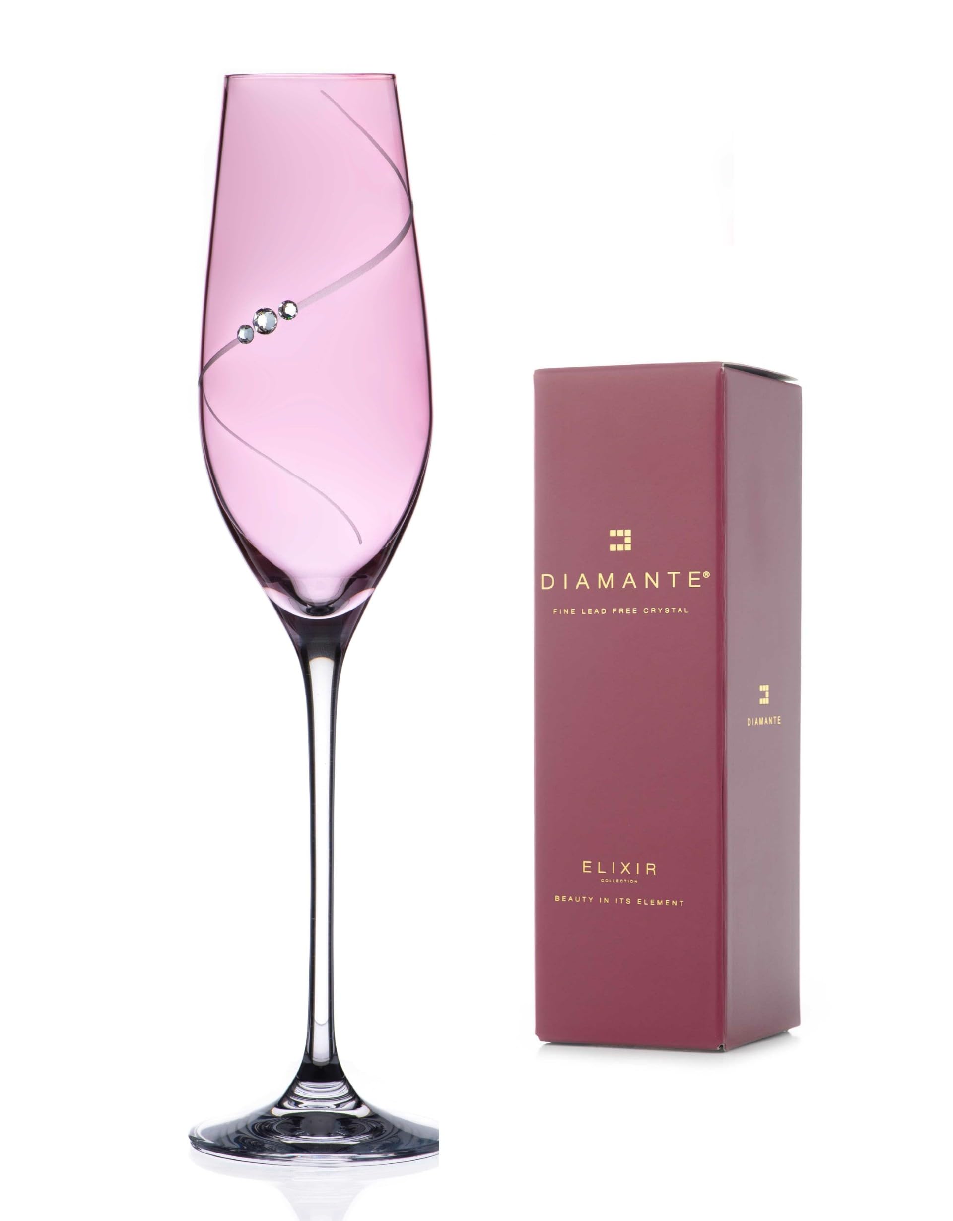 Copas de champán de cristal con brillo rosa y estuche elixir