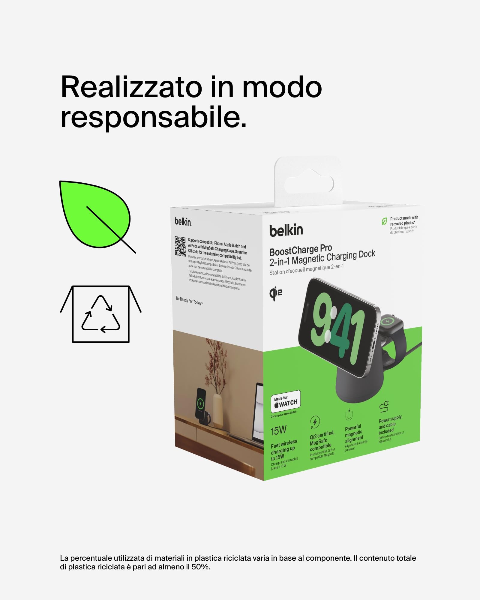Belkin BoostCharge Caricabatteria wireless 2 in 1 con Qi2 da 15 W, caricatore MagSafe per iPhone 16, 15, 14, 13, 12, Apple Watch, AirPods e altri dispositivi Qi2, alimentatore incluso, Carbone