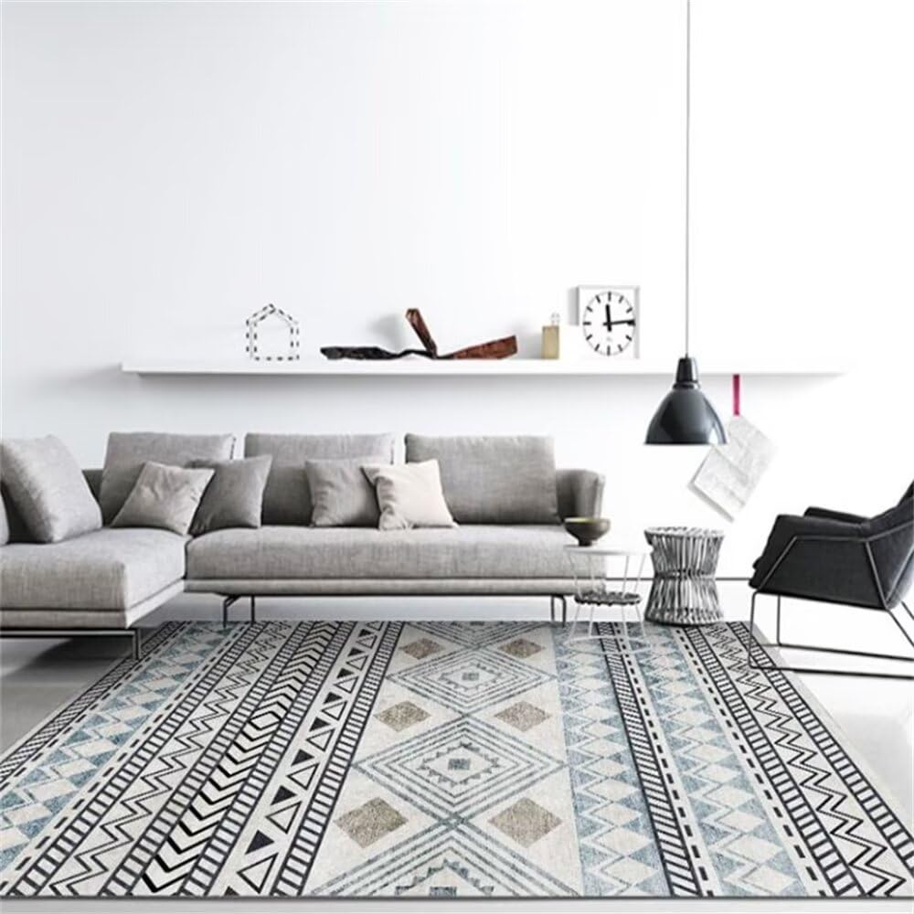 Tapis de canapé design géométrique gris bleu lavable pour décoration cuisine