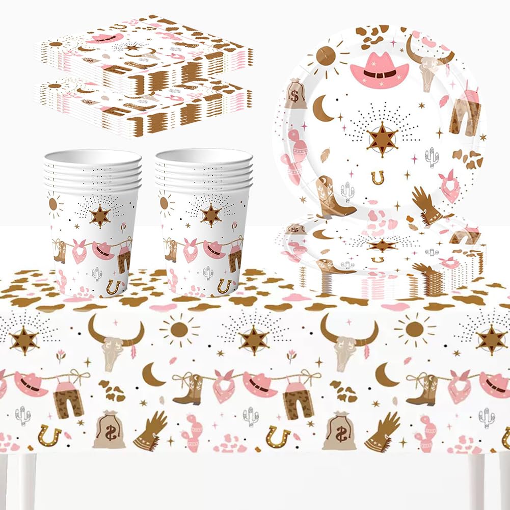 Cowboy Party Tableware Set, Western Cowgirl Party Decorations,Tableware Includes Plates, Paper Napkins, Paper Cups, Tablecloth (10 Guests)