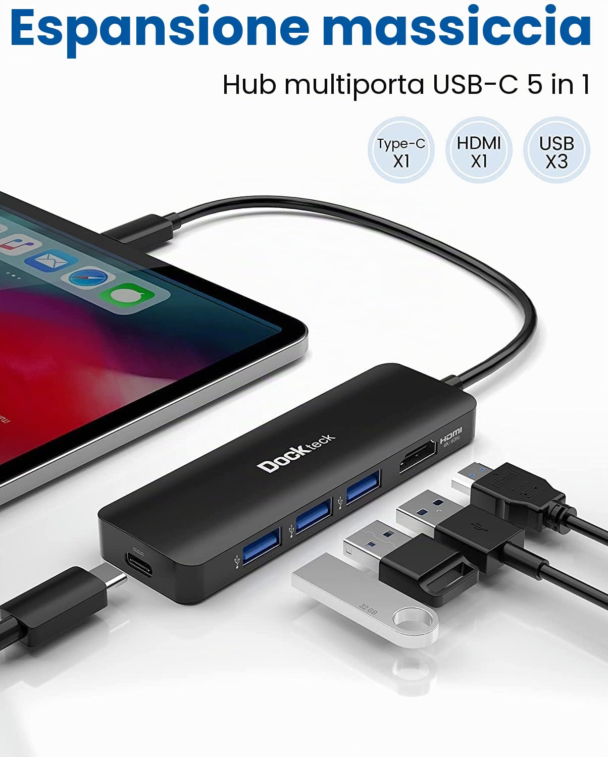 Hub USB C per MacBook Air M2, Dockteck 5 in 1 Dock USB C HDMI Adattatore 4k 60hz, 3 USB-3.0, 100W PD per MacBook Pro/Air M1/M2, iPad Pro, Steam Deck