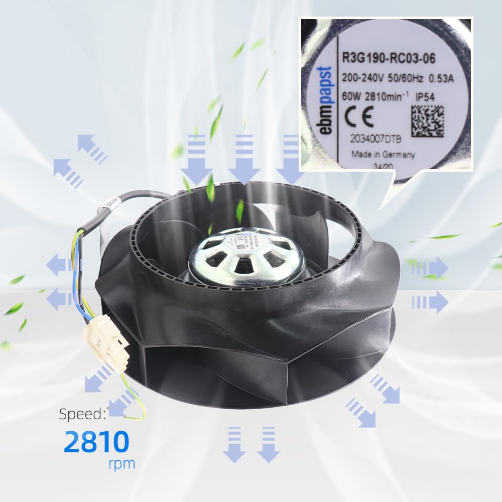 Ebm Papst R3G190-RC03-06 - Ventilador centrífugo EC de 190 mm, 60 W, 2810 rpm, 220-240 VCA, compatible con radiador, refrigerador, enfriadores de transmisión, escritorio, tarjetas gráficas, consola de