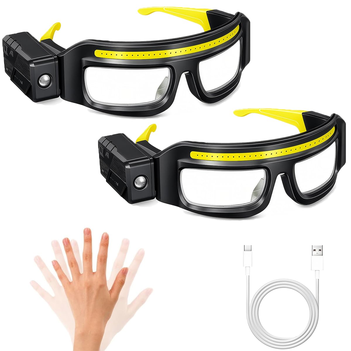 Rechargeable LED Headlamp with Safety Glasses, Motion Sensor Head Light,2PC | 98g USB rec…