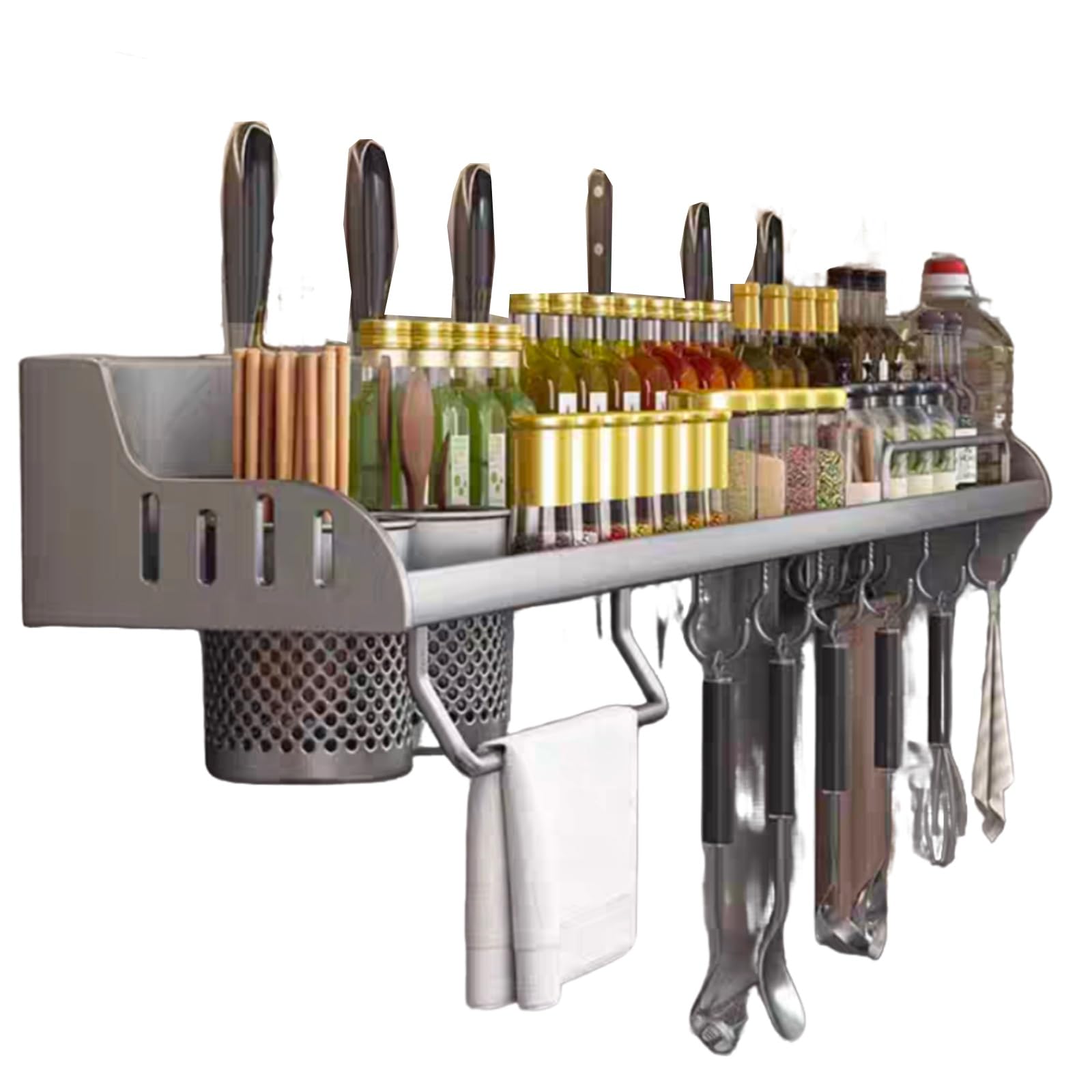 GLJTUO Wall-Mounted Kitchen Utensil Holder, Spice Rack with Hooks, Hanging Shelf for Spoons & Spatulas, 50cm Spice Jar, 60cm Knife & Utensil Storage Solution (50cm),50cm