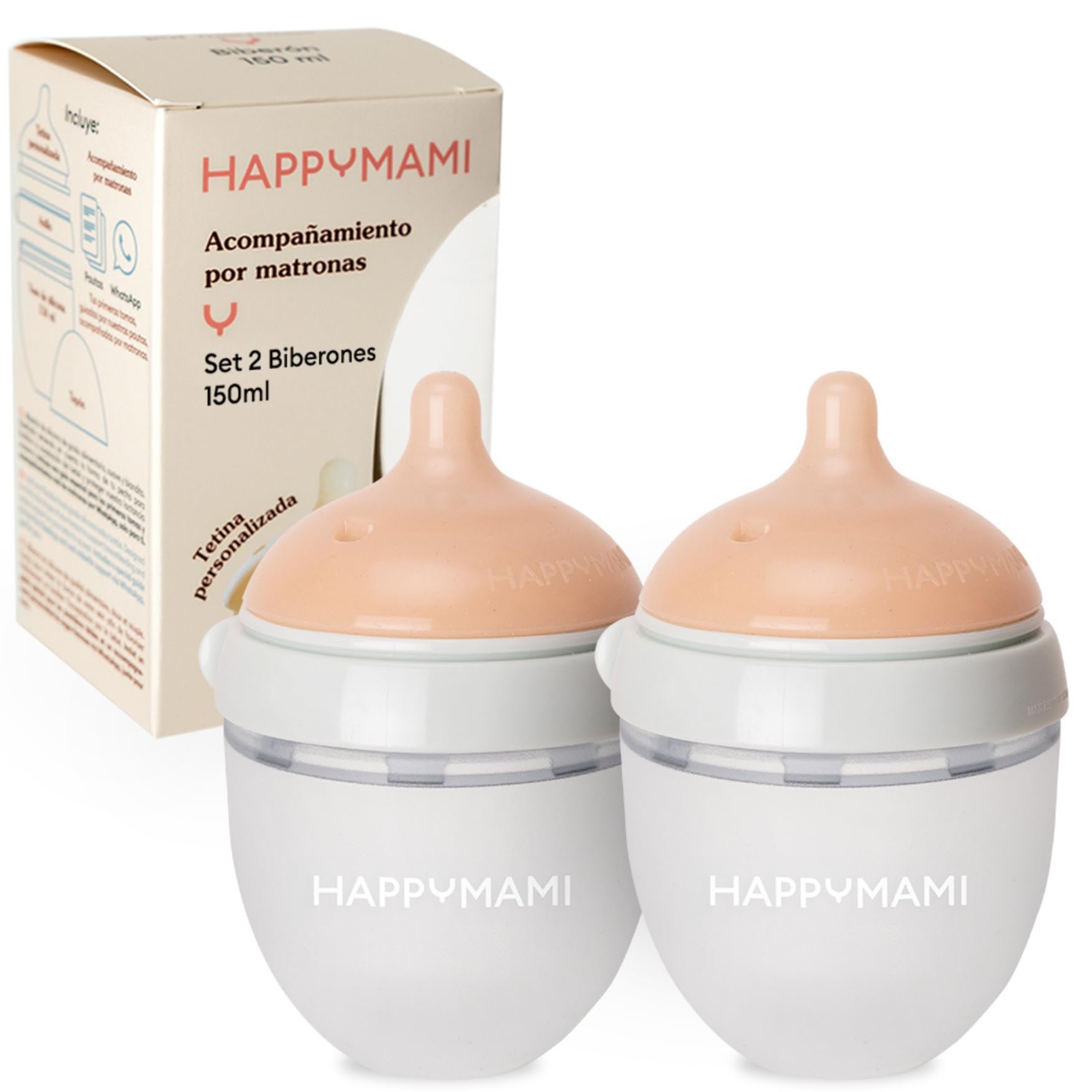 HappyMami, Set 2 Biberons su Misura con Tettarella in Silicone Medico, senza BPA, doppio Sistema Anticolica, Lavabile in Lavastoviglie, adatto a ogni tipo di Allattamento. (Turchese 150ml)