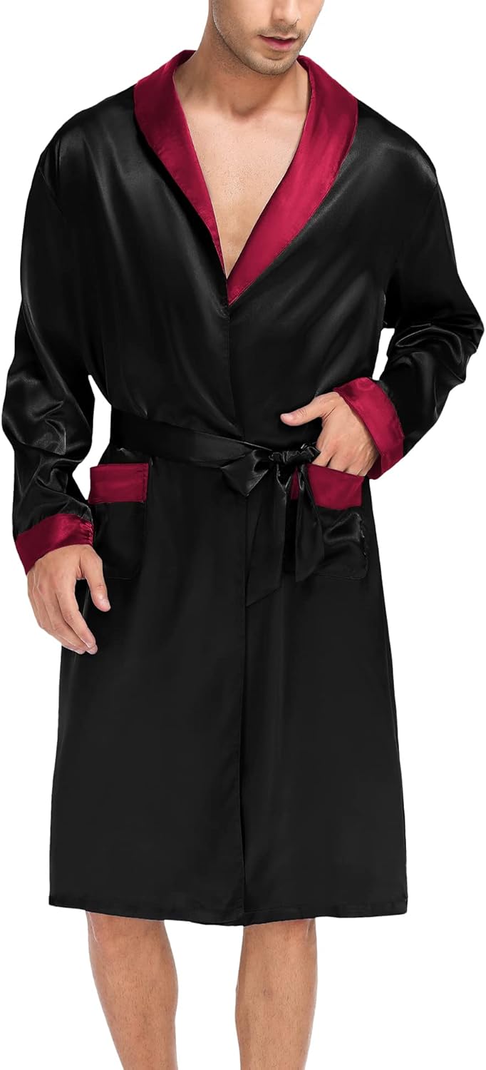 SWOMOG Men's Satin Robe with Shorts Set Silky Kimono Bathrobe Lightweight Soft Sleepwear - Image 2