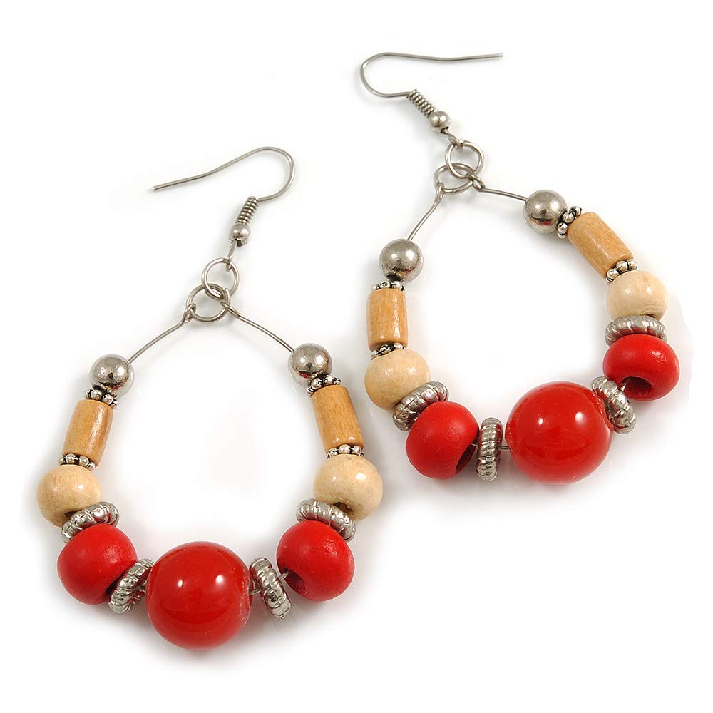 Orecchini A Cerchio Lunghi 70 Mm In Ceramica Marrone, Legno Naturale E Perline Argento - Boheme Chic