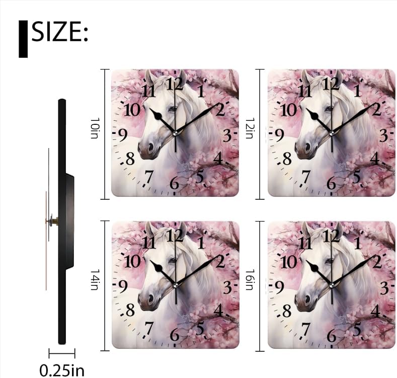 Quartz Wall Clocks Non-Ticking Silent Battery Operated Modern Wall Clocks Decorative for Home,Bedroom-Watercolor Painting of Beautiful White Horse Under Cherry Blossom Tree(14inch)