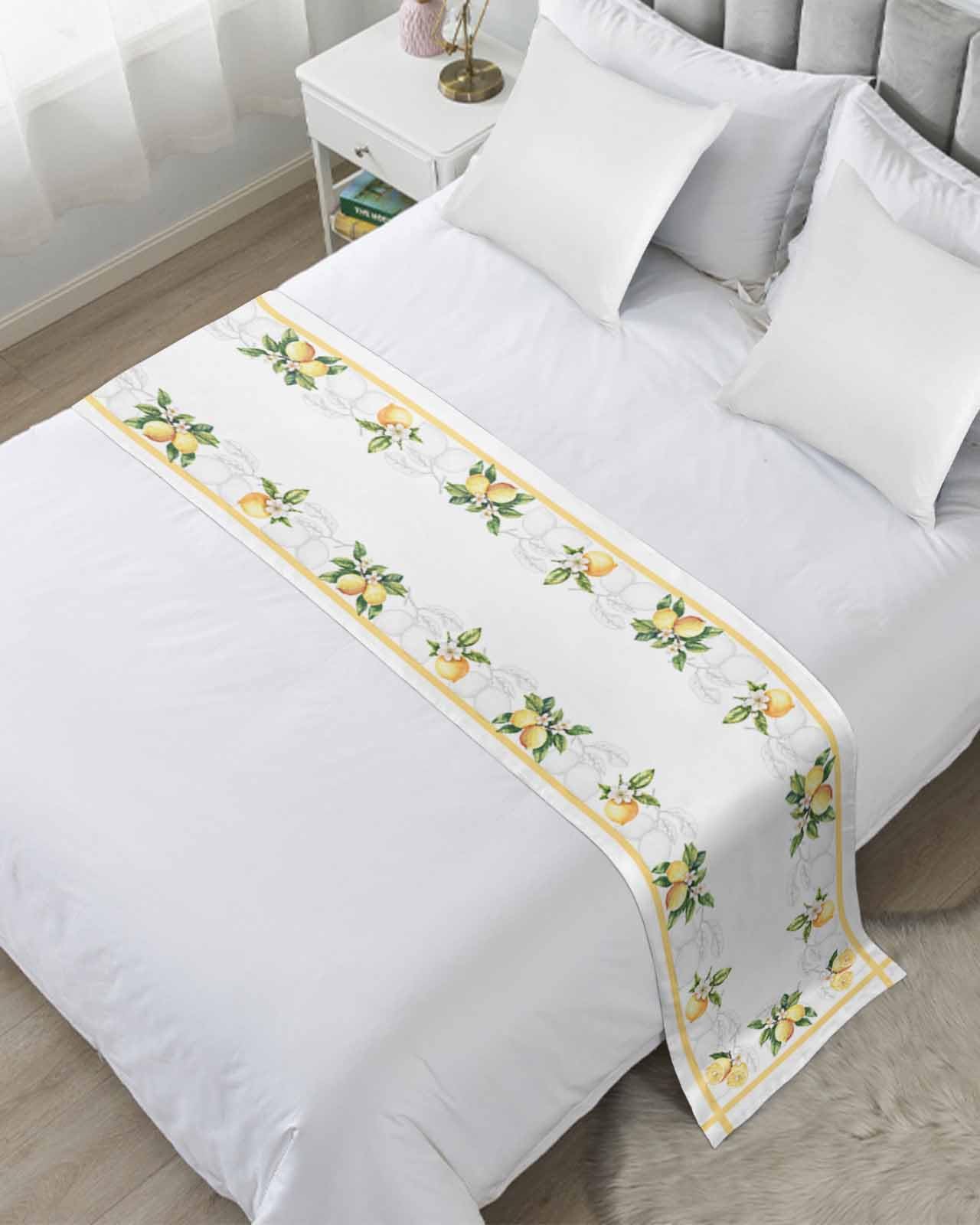 Twin Bed Runner Summer County Lemon Wild Flower Bedding Runner Scarves Decorative Bed Scarf, Watercolor Yellow Line Soft Bedding Scarf for Bedroom Hotel Wedding 71x20in