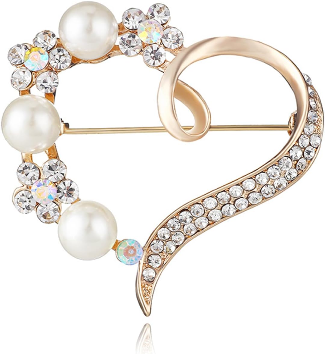 MALOYANVE Valentine's Day Pearl Crystal Love Heart Brooch Pin for Women Elegant Pearl Lapel Pin Dress Accessories Shawl Pin Clip Bridal Corsage Wedding Party Clothes Accessories