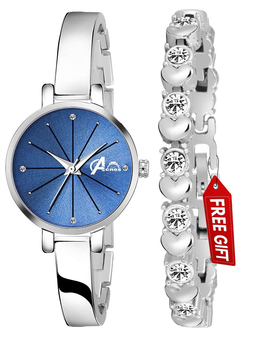 AcnosPremium Brand - Analogue Women's Watch for Women with Heart shap bracelete for Girl's or Women (Pink Blue Black Dial Silver Colored Strap) Pack of 2 Valentine SPACIAL