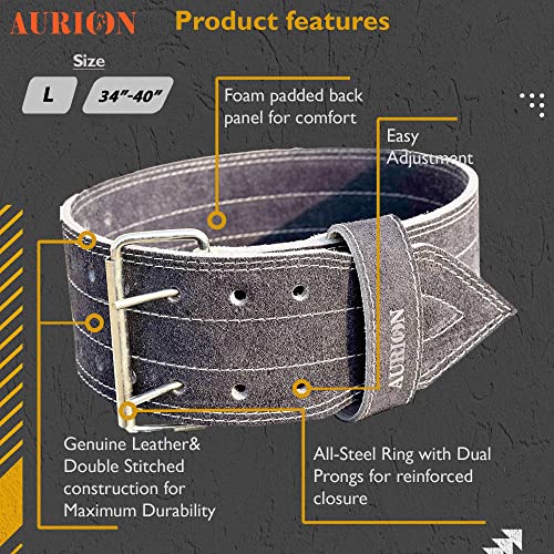Image of AURION Unisex Suede Leather Premium Weightlifting Belt (Large, Grey, 1pc) for Men and Women | Body Fitness Gym Back Support Weightlifting Belt | Gym Equipment | Adjustable Buckle | Power Training
