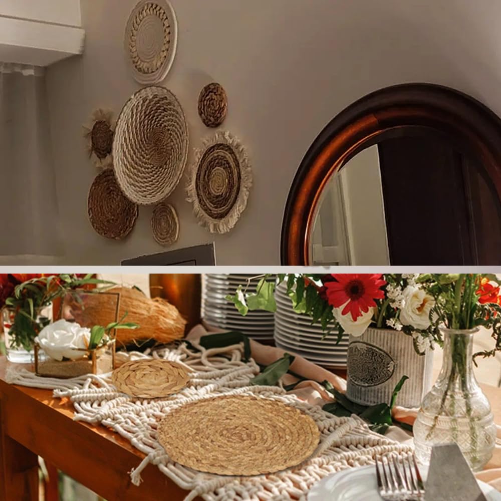 Set di 10 cestini da parete in stile boho, rotondi, rustici, intrecciati, fatti a mano, per camera da letto, soggiorno, tavolo da pranzo (10)