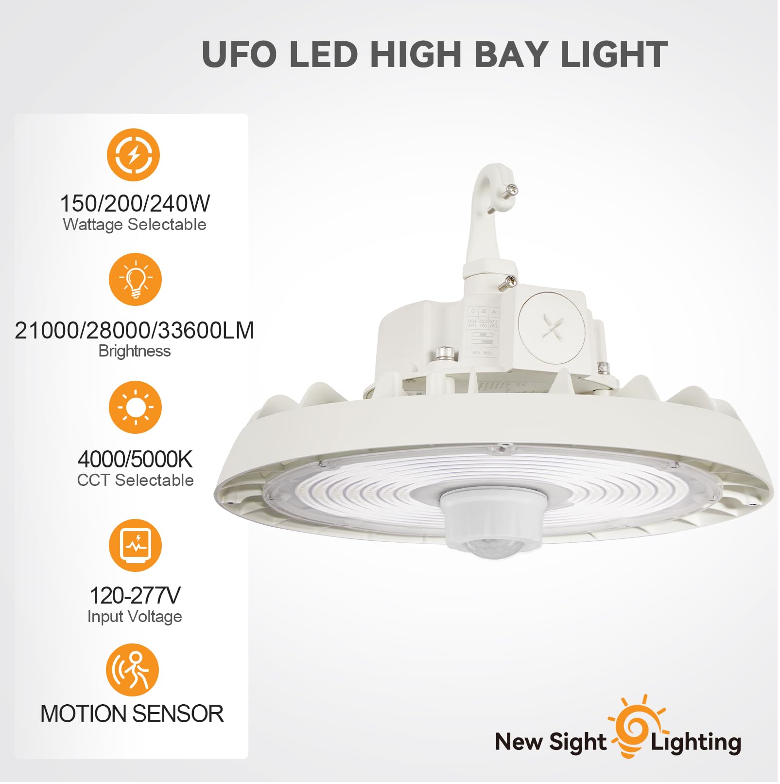 240W UFO LED High Bay Light with Motion Sensor 33600LM 140 lm W 0-10V Dimmable 120-277V IP65 Waterproof — view 2