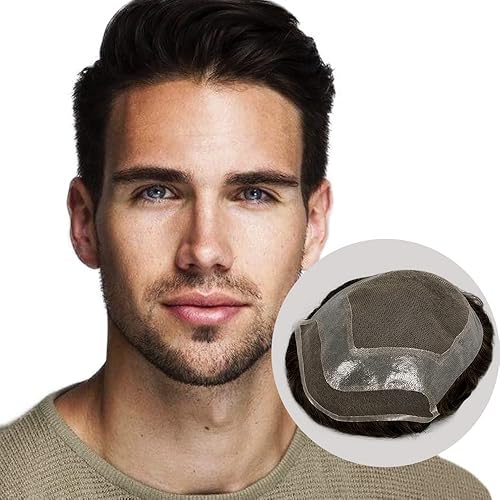 Amiable Cabello humano virgen europeo para hombres, 8x10 pulgadas, base de encaje suave con 2 pulgadas de poliuretano alrededor del sistema de
