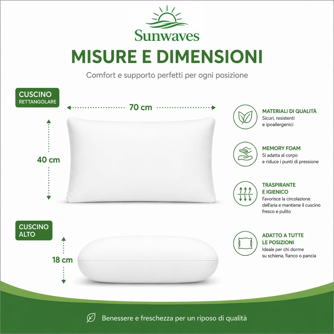 sunwaves 1 Cuscino Memory Foam – Cuscino Cervicale per Dormire 70x40x18 cm, Cuscino per Cervicale Made in Italy, Cuscino Antirussamento, Cuscino Letto in Memory Foam di Prima Scelta