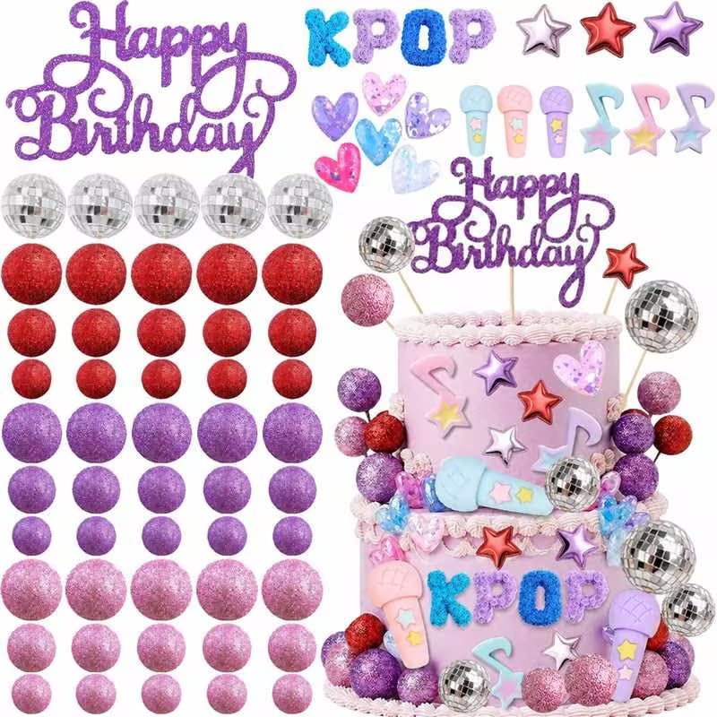 73Pcs Purple Disco Ball Cake Decorations, Kpop Cake Topper for Girls Women Fans, Kpop Cake Decorations for Birthday Aniversary Party Celebrations