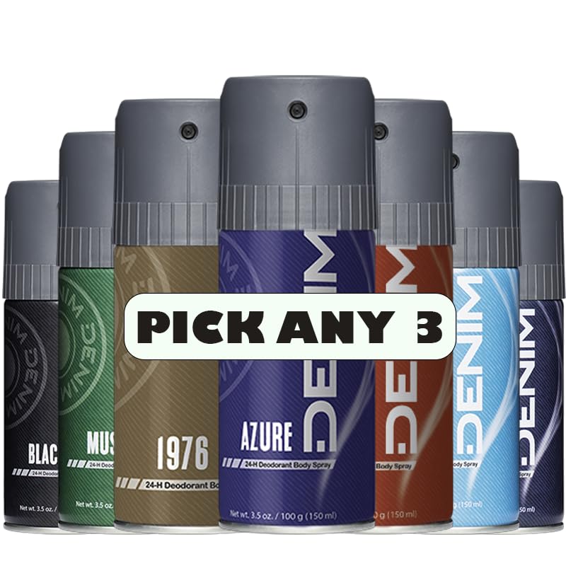 Denim 24hr Deodorant Body Spray 150ml | Pick Any 3 Scents | Choose from Original, Azure, Musk, Raw Passion, Aqua, Desire & More | 3 x 150ml | Denim for Men
