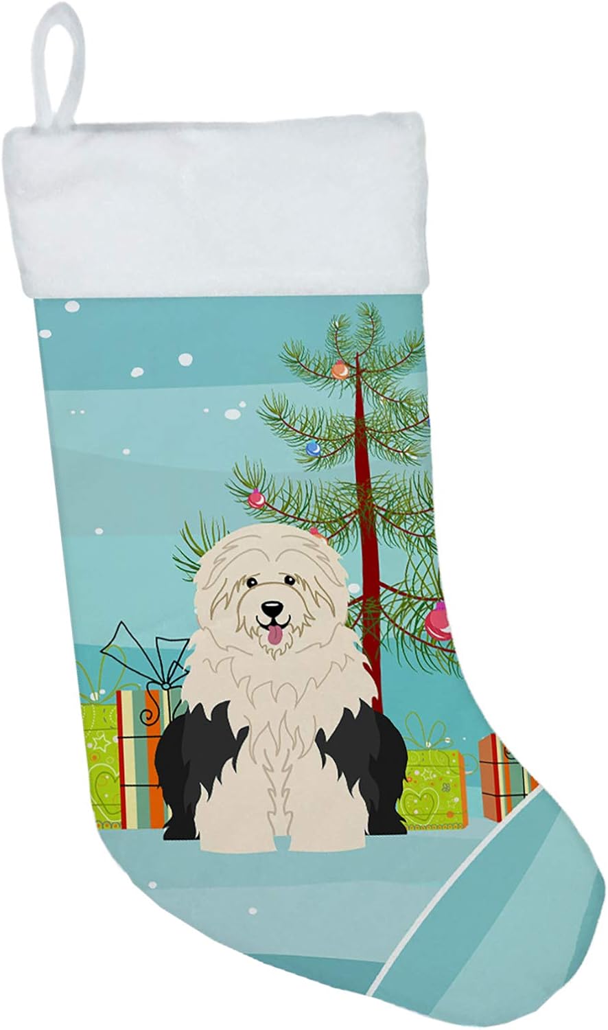 Caroline's Treasures BB4221CS Merry Christmas Tree Old English Sheepdog Christmas Stocking Fireplace Hanging Stockings Christmas Season Party Decor Family Holiday Decorations