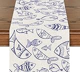 Navy Fish Table Runner Blue Fishes Ocean Cotton Linen Table Runners Farmhouse Seasonal Home Decor fo