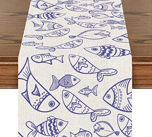 Navy Fish Table Runner Blue Fishes Ocean Cotton Linen Table Runners Farmhouse Seasonal Home Decor For Kitchen Dinner Party Holidays Housewarming Gift (14X72 Inches ) #TOP8
