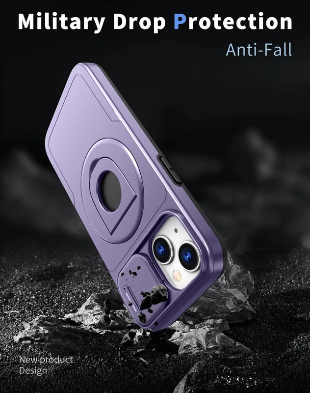 Image of LuxuryKase MagSafe Shockproof Rugged Back Case for iPhone 14 Plus | Finger Ring Kickstand & Sliding Camera Cover | Military Drop Protection | Wireless Charging Support - Purple