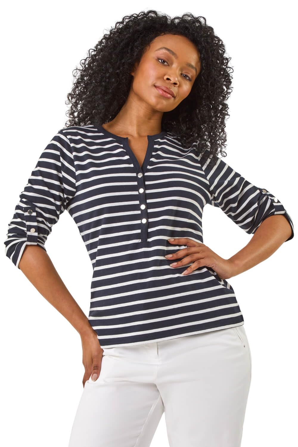 Roman Petite Women's Navy Stripe V-Neck Button Top Size 8
