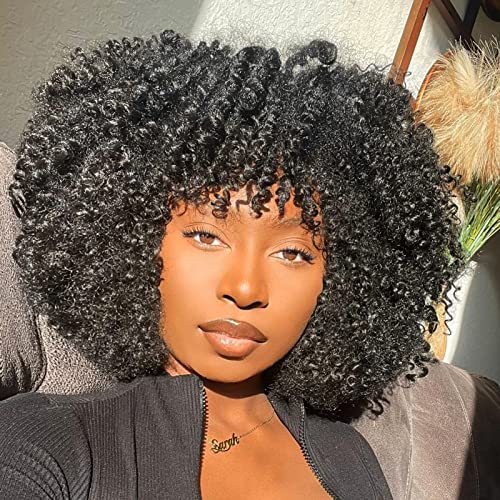 Earfodo Short Curly Wig for Women with Bangs Bouncy Fluffy Kinky Curly Wig Soft Synthetic Short Curly Afro Wig (1B: Jet Black)