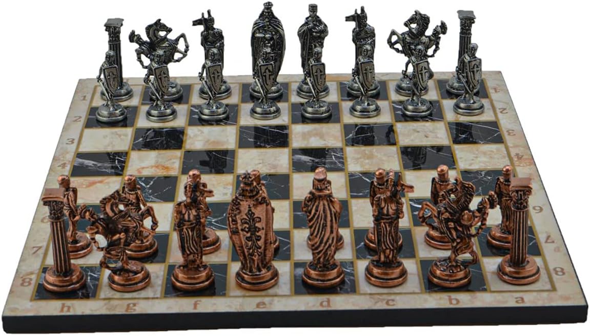 Metal Chess Set for Adults Royal British Army Antique Copper,Handmade Pieces and Different Design Wooden Chess Board King 3.35 inc (Bej)