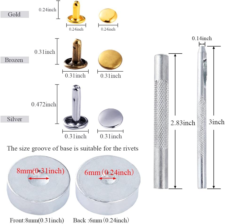 Caydo 360 Sets 3 Sizes Leather Rivets Double Cap Rivet Tubular Metal Studs with 4 Fixing Set Tools for DIY Leather Craft, 4 Colors (Gold, Silver and Bronze, Gunmetal)