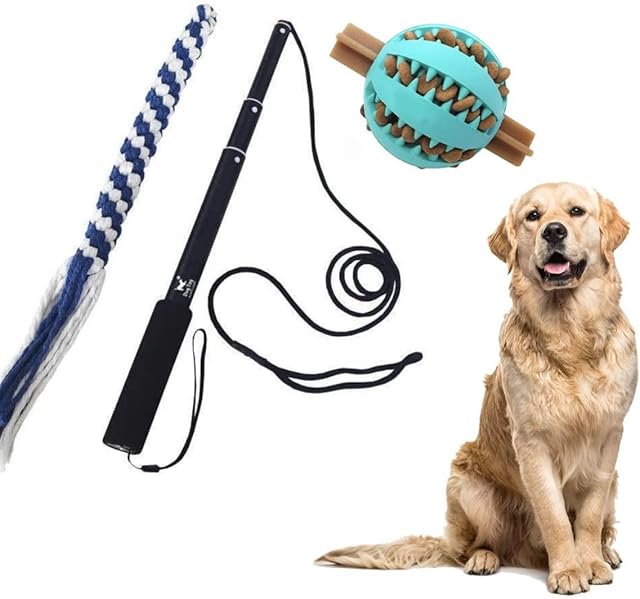 Riopan Dog Flirt Pole for Dogs Teasing Interactive Toy with Cotton Chewy Rope and Extra Chew Rubber Ball for Extreme Chewers Telescopic Pole Interactive Training Exercise Tug of War Tool