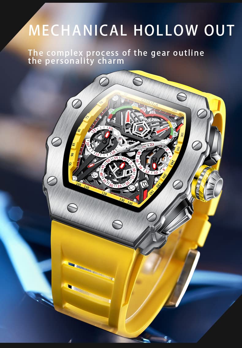 FANMIS Tonneau Orologio da uomo alla moda con quadrante scheletrato, quadrante grande, resistente all'acqua fino a 30 m, cronografo, orologio casual con cinturino in silicone, multifunzione, orologio