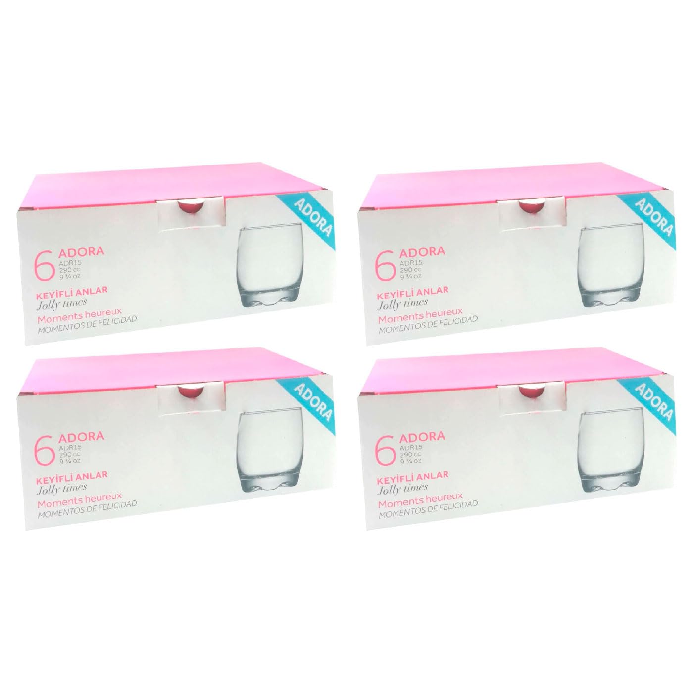 Acan Tradineur - Pack de 4 Caja de 6 Vasos Modelo Adora - Capacidad: 290 ml - Fabricado en Vidrio Resistente - Apto para lavavajillas - Tamaño aprox: Ø 7 x 9 cm - 24 Uds Totales
