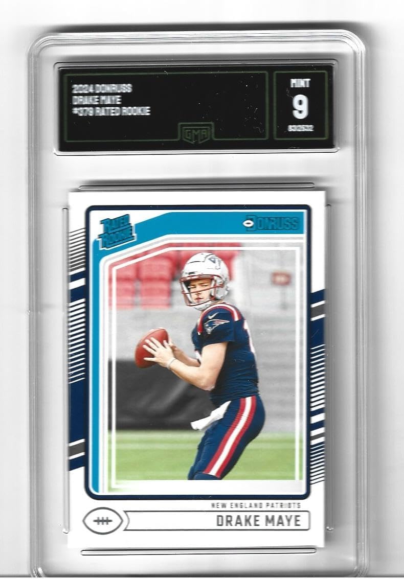 Graded Mint 9 Drake Maye Football Rookie Card 2024 Donruss Rated #379 Patriots Young Star Quarterback