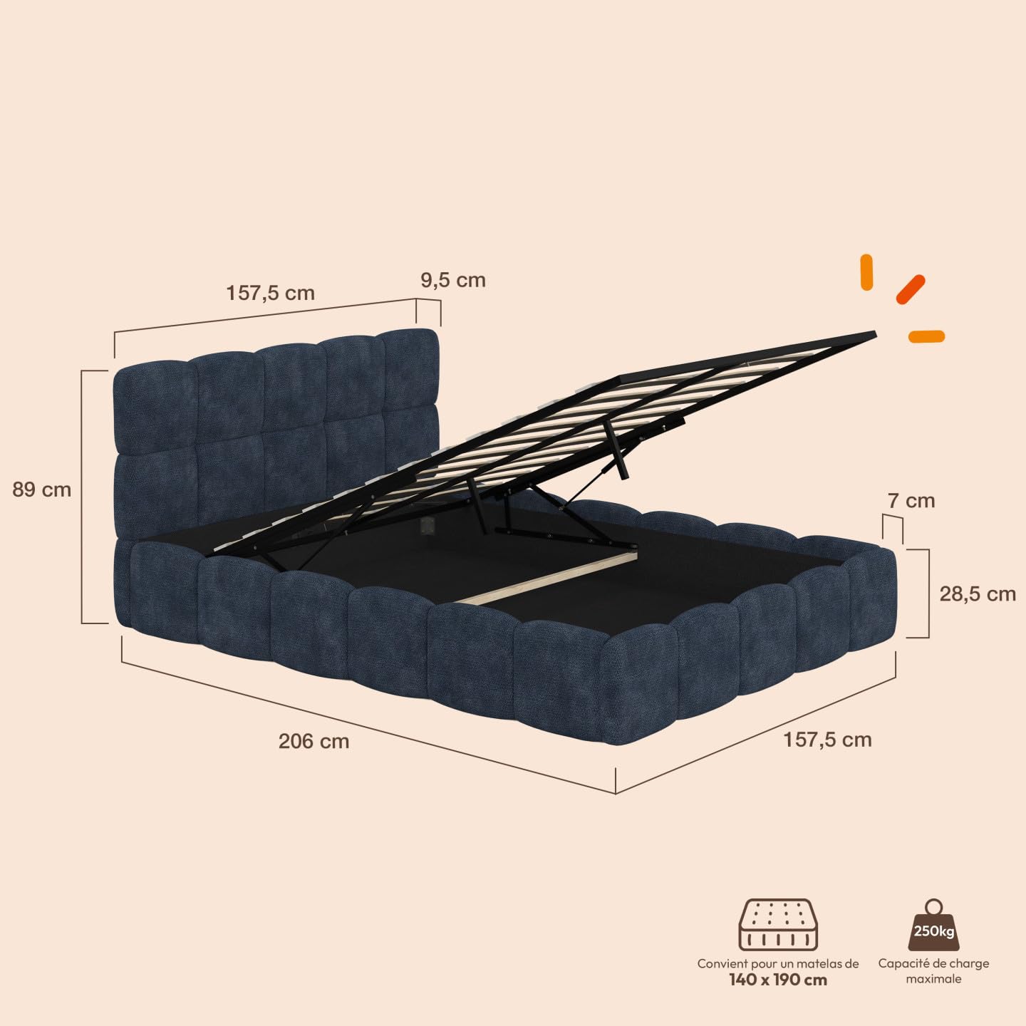 IDMarket - Lit Coffre Double Nuage 140 cm Bleu