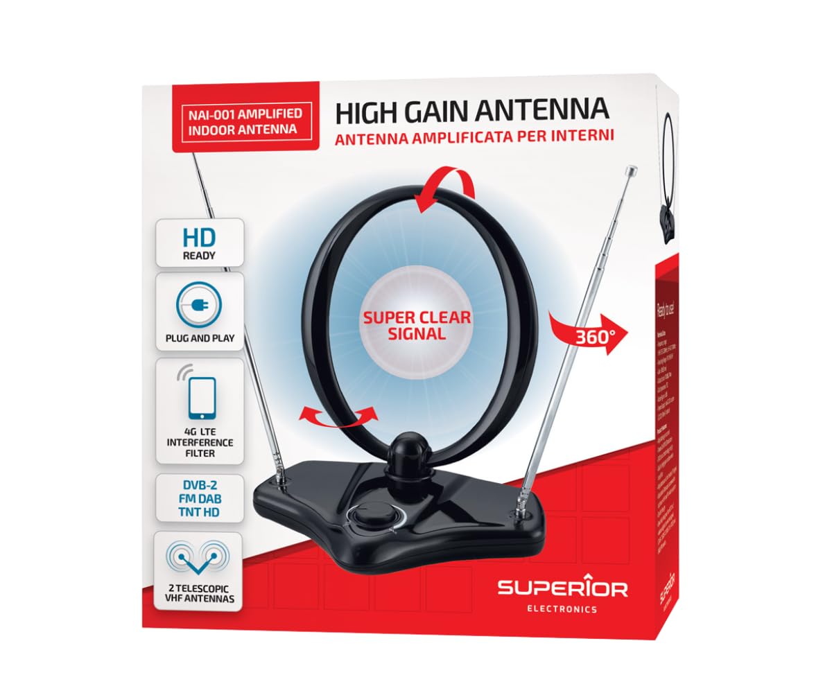 Antena de TV electrónica Superior para Interiores con amplificación de hasta 30dB, Ideal para la recepción de señal Digital terrestre - Negro - NAI-001