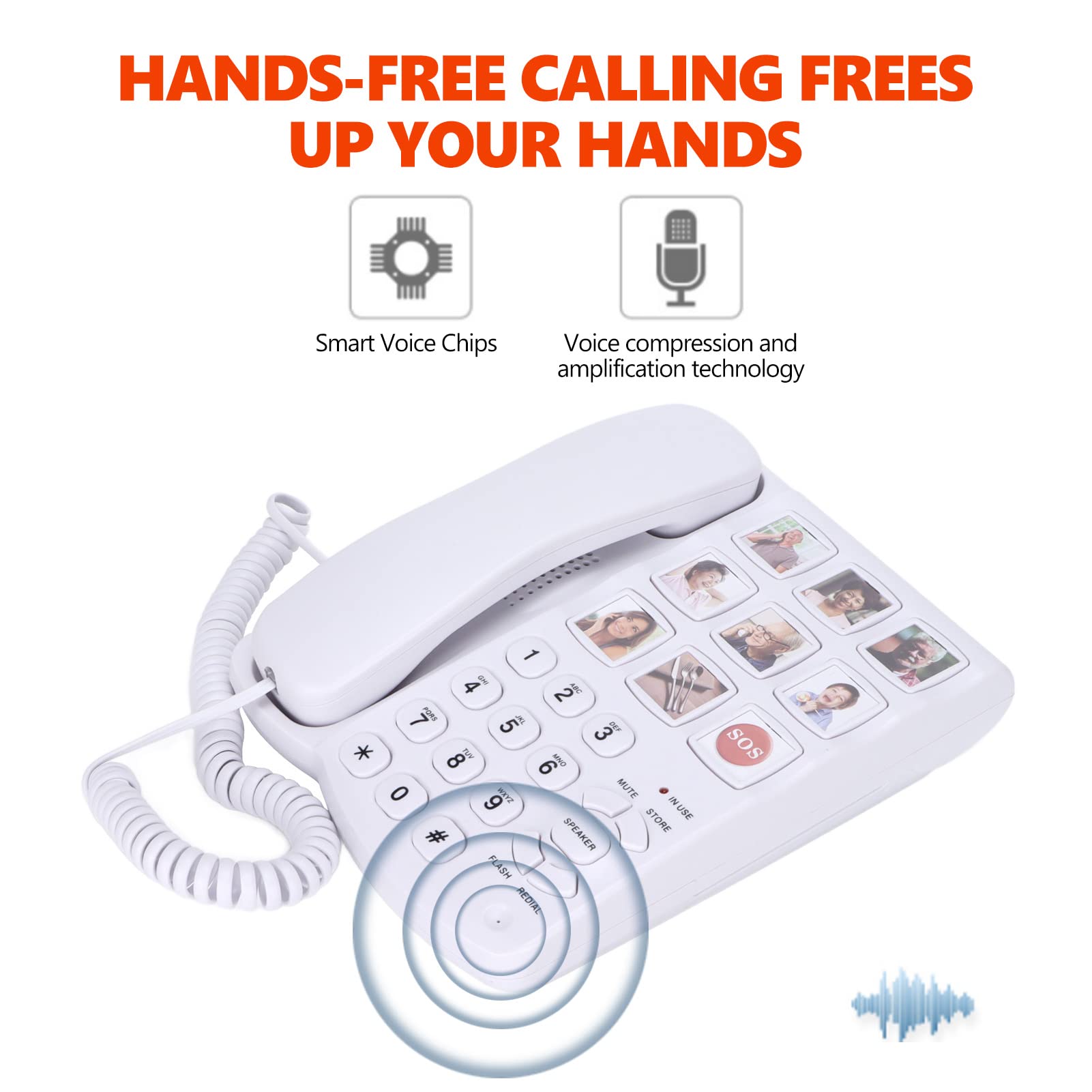 Telefono a Pulsante Grande, Telefono Fisso con Filo per Foto e Memoria Amplificata per Anziani, Telefono da Tavolo con Filo Adatto per Anziani con Problemi di Vista e Udito