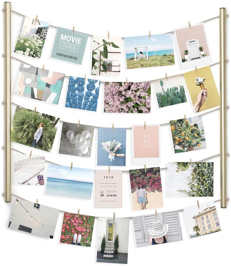 UmbraHangit Display-DIY Frames Collage Set Includes Picture Wire Twine Cords, Wall Mounts and Clothespin Clips for Hanging Photos, Prints and Artwork, 26 x 30, Brass