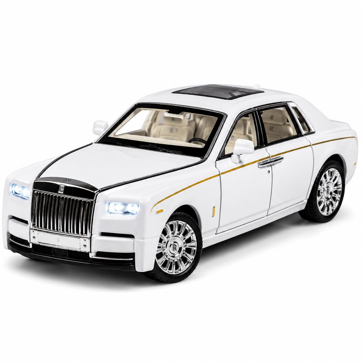 Diecast Rolls Royce Model Car Toy 1:32 Scale White, Pull Back Alloy Metal Luxury Vehicle with Lights Sound Opening Doors, Birthday Gift for Kids Boys Girls Adults Collectors-image-35