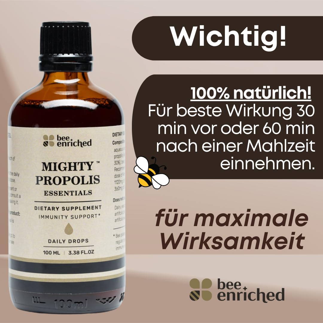 Propolis Tropfen ohne Alkohol 39% 1480 mg - Mighty Propolis Essentials 100 ml mit Bienen Pollen Hochdosiert - Natürliche Unterstützung bei Erkältungen auch für Kinder von Bee Enriched | Tinktur