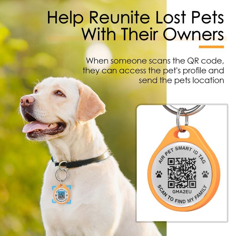 A golden retriever wearing an orange ADVENTUREMORE AIR Pet ID Tag, with a graphic showing a smartphone scanning the QR code and text 'Help Reunite Lost Pets With Their Owners'.