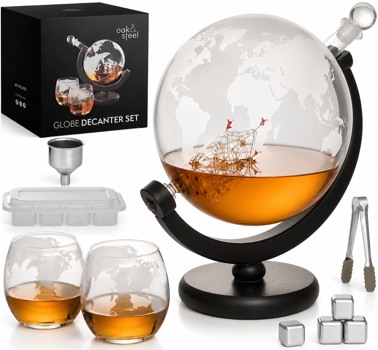 Oak & Steel - Carafe à Whisky Globe (1500ml) avec 2 Verres, 4 Pierres à Whisky en Acier Inoxydable, 1 Pince à Glace & Plus - Cadeau Anniversaire & Fête des Pères pour Homme